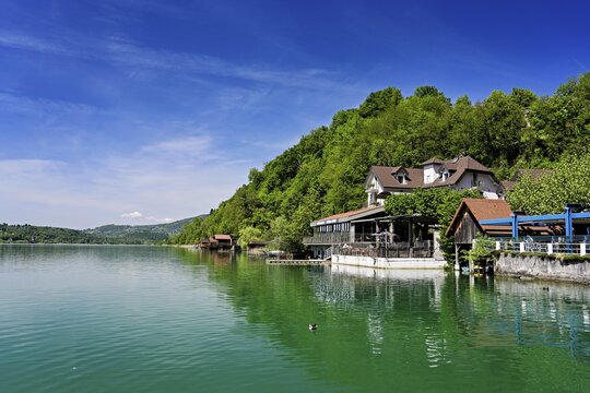 Hotel and restaurant Villa du Lac on Lac d'Aiguebelette, large natural lake, at the foot of the &Eacute;pine Mountains, Aiguebelette-le-Lac, Savoie Department, France