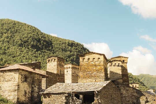 Ushguli village settlement and various Svan towers in high caucasus mountains.UNESCO World Heritage Site. Svaneti Georgia. Chazhashi - most preserved village with svan towers
