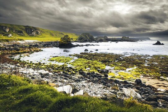 Wild dramatic northern Ireland coast in Ballintoy. Game of thrones filming locations concept. Northern Ireland