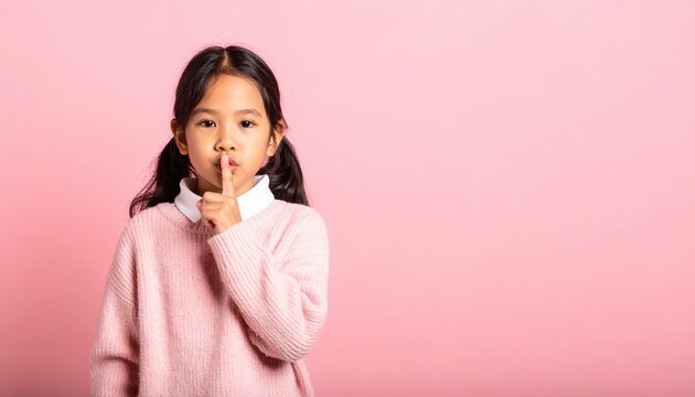 asian little girl wearing pink sweater making quiet shhh gesture with finger on lips, pastel pink background, childhood expression, studio portrait, copy space