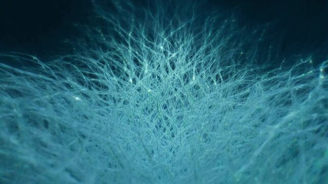 Ethereal deep-sea filaments create a mysterious, intricate organic network, glowing softly in the dark depths of the underwater world, resembling a vibrant biological structure