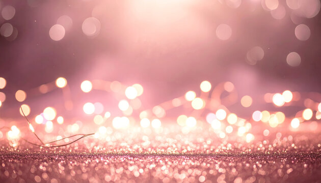 Sparkling pink bokeh lights on glitter surface, soft glowing background, festive romantic atmosphere and gentle sparkle