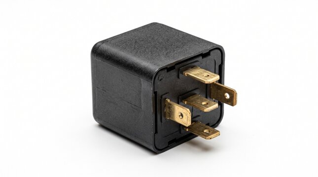 5-pin automotive relay switch for vehicle electrical systems. Compact SPST car component with wiring harness connector.