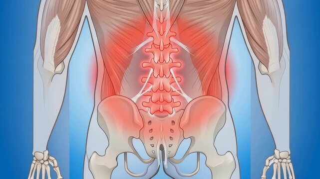 Medical illustration of human torso revealing glowing spine and surrounding muscles, vivid red pain halo highlighting lumbar region, anatomical healthcare concept, 4K video