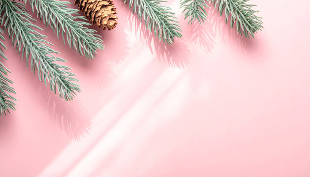 Fresh evergreen branch pine cone soft pink background holiday mood bright sunlight shadow