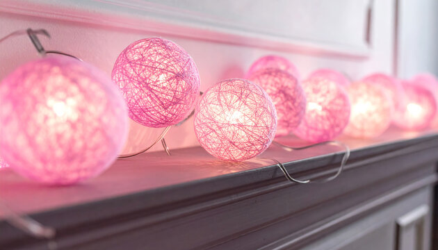 Pink string lights on mantel casting warm cozy glow with soft bokeh, festive romantic home decor