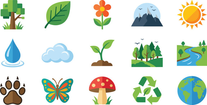 Flat nature vector icons featuring plants recycling water earth environment ecology leaf tree flower mountain sun cloud sprout forest river butterfly mushroom planet and green symbols for web