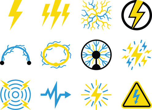 Adobe Illustrator ArtPremium Electricity and Lightning Bolt Vector Icons Set High Voltage Energy Electric Power Plasma Arcs and Thunder Storm Graphic Elements for Technology Danger and Science Digwork