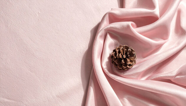 Pink satin fabric draped with single pine cone on textured paper background, soft light and calm mood