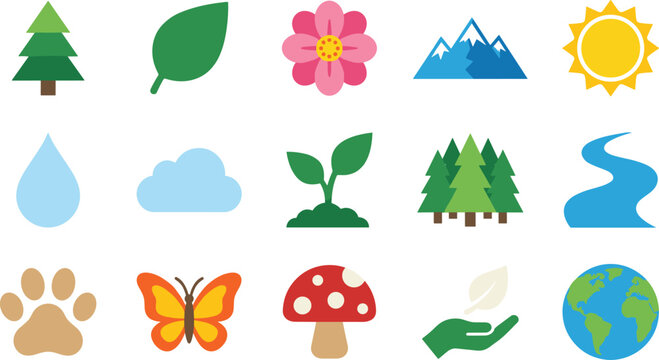 Nature flat vector icon pack featuring leaves trees ecology environment flower mountains sun water drop cloud sprout forest river paw print butterfly mushroom hand and earth symbols for web print