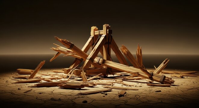 Destroyed Wooden Catapult Structure in a Barren Landscape, Symbolizing Defeat and Ruin
