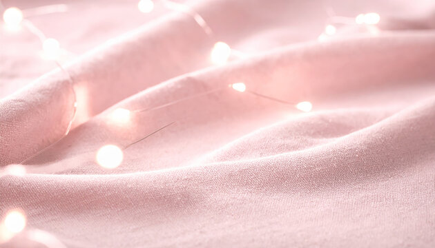 Soft pink fabric with delicate fairy lights creating cozy warm glow and gentle texture