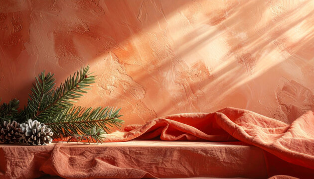 Festive pine branch with pinecones on textured orange draped fabric creating warm cozy holiday still life
