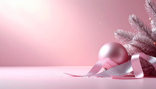 Pink Christmas ornament and ribbon on table with frosted pine branch, soft festive holiday scene with elegant decoration and gentle sparkle