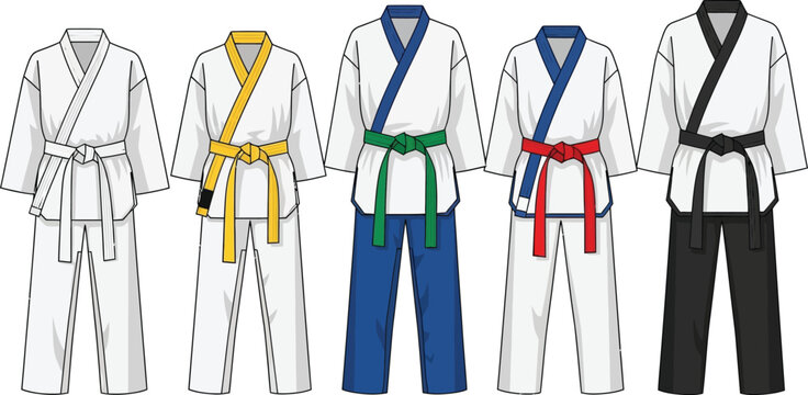 Collection of martial arts uniforms with colored belts representing different ranks and disciplines isolated on white background for design