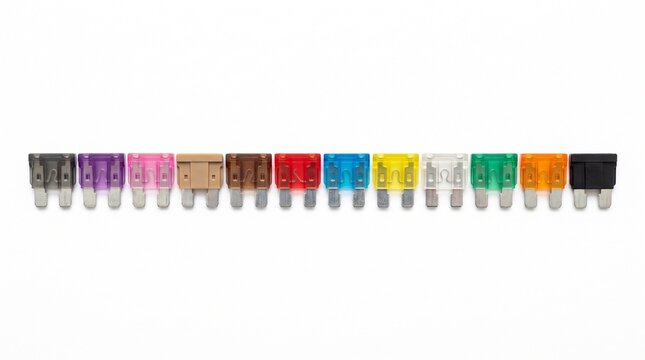Assorted automotive fuses in a row for car electrical repair. Color-coded mini blade fuses for vehicle fuse box maintenance and replacement.