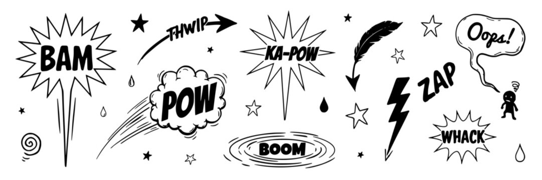 Comic Book Sound Effects with Words Like Bam, Pow, Ka-Pow, Zap, and Whack Featuring Effect, Onomatopoeia, Cartoon with Graphic