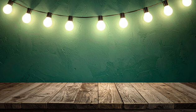 String wooden table with glowing string lights and textured green wall, cozy ambient lighting and festive mood