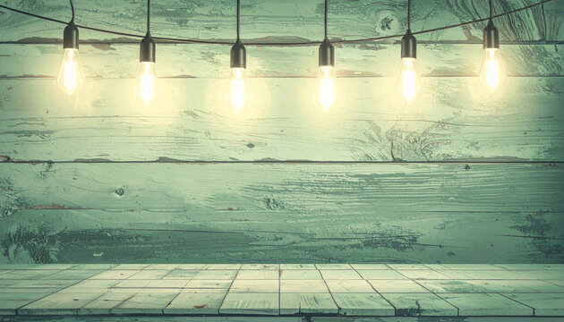 Vintage wooden background hanging light bulbs rustic plank wall illuminated string lights turquoise painted wood wooden tabletop warm glow cozy