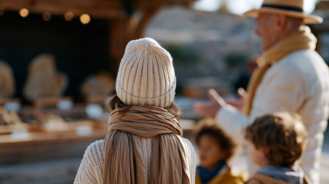 A museum docent viewed over the shoulder of a visiting family at an outdoor December heritage site, gesturing toward ancient mineral samples displayed under open sky, winter