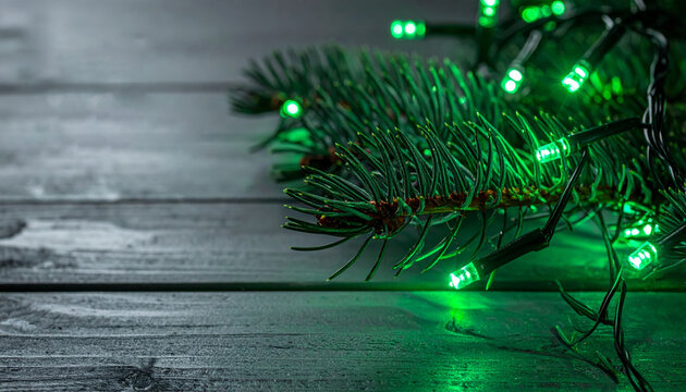 Pine branch with green fairy lights on dark wooden surface, moody festive atmosphere, soft glow and evergreen texture