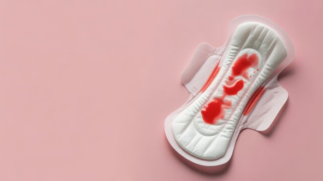 Top view of a sanitary pad with red blood spots on a pink background, indicating menstruation or a period.
