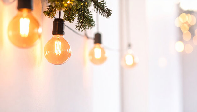Warm glowing string lights with evergreen garland creating cozy festive ambiance and soft bokeh lighting for holiday decor