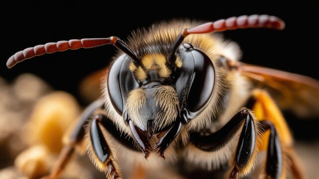 Extreme macro portrait of a honey bee head and face with detailed compound eyes and antennae