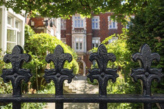 Detail, decorated wrought iron gate painted black in front of a garden and a brick building in the background, Royal Borough of Kensington and Chelsea, London, Great Britain, England, Great Britain