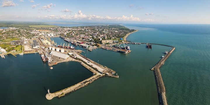 Aerial panorama Poti cityscape, black sea port, residential blocks, mixed uses, roads and parks, waterfront real estate, summer daylight panorama
