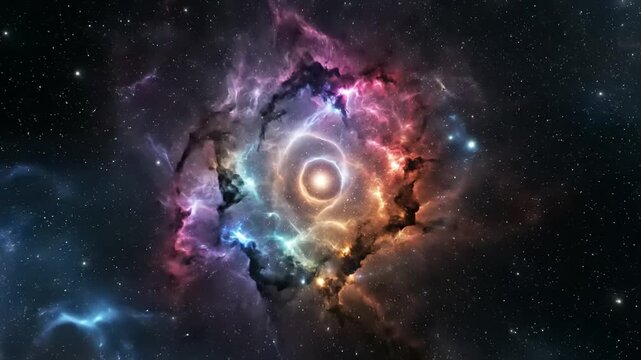 A vibrant, glowing nebula bursts with multi colored gas and cosmic dust. Its intricate patterns fill the star filled deep space.