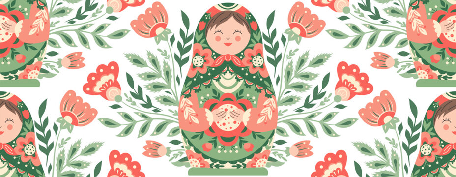 Vector seamless pattern with a matryoshka in folk art style and a floral ornament. Tracery texture with decorative Slavic souvenir.