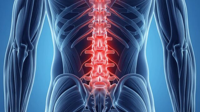 Medical illustration of human torso revealing glowing spine and surrounding muscles, vivid red pain halo highlighting lumbar region, anatomical healthcare concept, 4K video