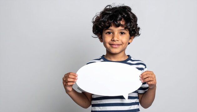 Little boy holding blank speech bubble sign