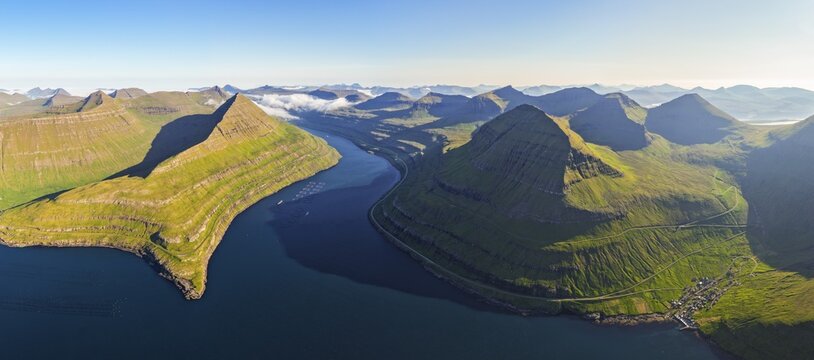 Panoramic view of Funningsfj&oslash;r&eth;ur near Funningur on Eysturoy island, fjord with steep mountains, Faroe Islands, Denmark
