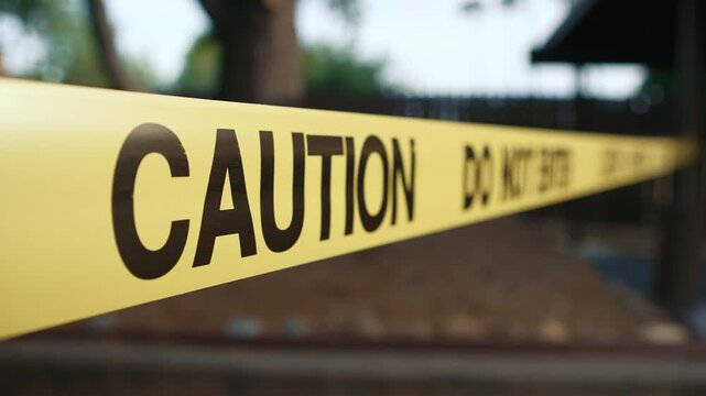 Yellow warning caution tape stretching in perspective blocking dangerous area showing restricted access and visual marking of hazardous outdoor zone
