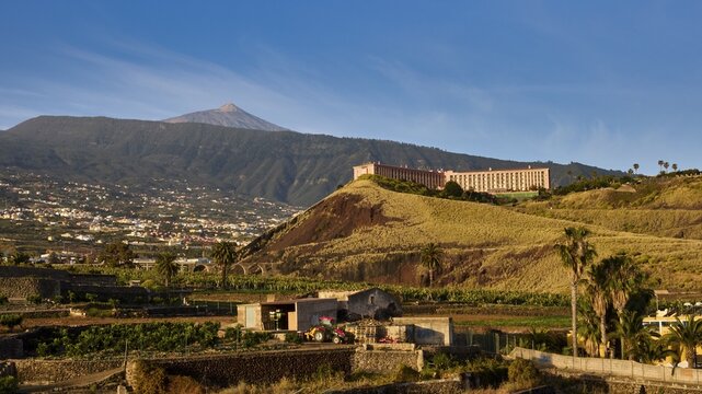 Puerto de la Cruz, panoramic view of volcanic landscape with historic buildings at the golden hour, Teide, Parque Nacional del Teide, Teide National Park, volcano, volcanism, UNESCO World Heritage Site, Tenerife, Canary Islands, Spain