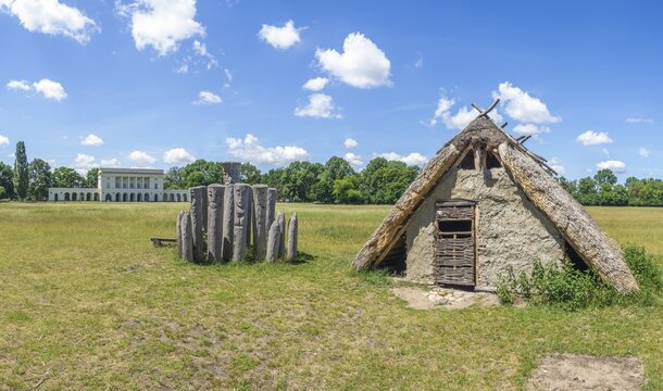 Reconstruction of a house from the 6th century near Pohanska hunting lodge, Břeclav, Jihomoravsk&yacute; kraj, Czech Republic