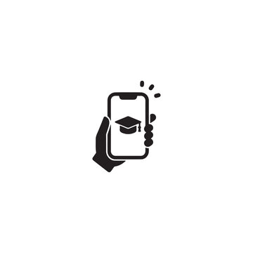Hand holding a smartphone with an education cap icon