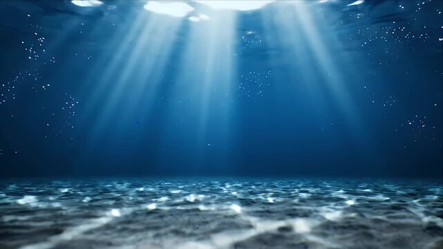 Stunning underwater scene with ethereal sunlight piercing through the deep blue ocean surface illuminating the sandy seabed