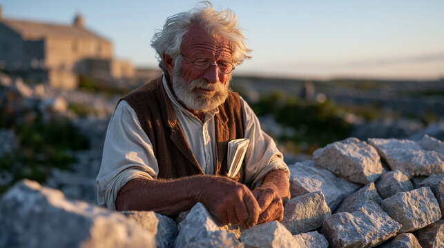 An elderly drystone waller rebuilds a collapsed boundary wall in golden late afternoon light, housing property management dispute paperwork folded in his vest pocket, skilled