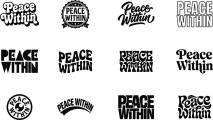 Peace Within typography elegant minimalist decorative vintage retro wavy fonts logo pack. Mindful calm yoga quote lettering for t-shirt print sticker. Vector illustration graphic bundle set design © MdMasum
