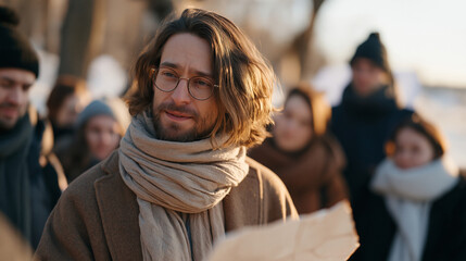 Fototapeta premium A materials scientist outdoors in a winter nature park examines a stress-fractured tile sample while a small crowd of junior researchers clusters around, rental landlord stress