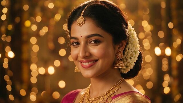 A young beautiful Indian woman celebrating Diwali in traditional attire, surrounded by glowing diyas and festive decorations