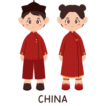 Cute Chinese Children in Traditional Hanfu and Cheongsam Vector - China Culture