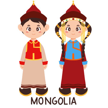 Cute Mongolian Children in Traditional Deel Costume Vector - Mongolia Culture
