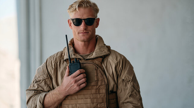 maritime security officer in minimalist studio standing beside a single encrypted radio device accountability partner weekly check vessel protection professional portrait coastal