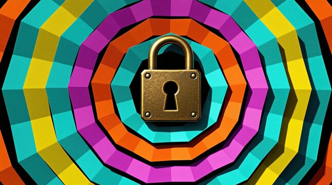 Golden padlock is on colorful abstract geometric background. Bright layers of shapes create a vibrant pattern. Security concept, digital protection, data safety idea.