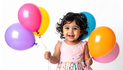 Obraz premium Toddler holding colorful balloons celebrating birthday isolated on white background
