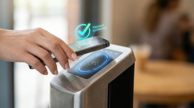 Contactless Payment Scan: A hand holds a smartphone to scan a payment terminal, displaying a confirmation checkmark, symbolizing secure and modern transactions.